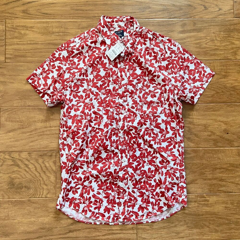 NWT J.Crew Factory Shirt S Flex-Washed Short Sleeve Casual Floral Red White